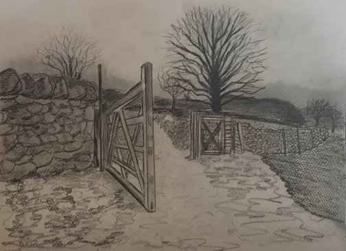 504x366 Open Farm Gate And Beyond, Pencil Drawing - Open Gate Drawing