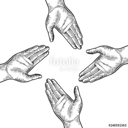500x500 Open Four Hands Palm Gesture Engraving Vector Illustration - Open Palm Hand Drawing