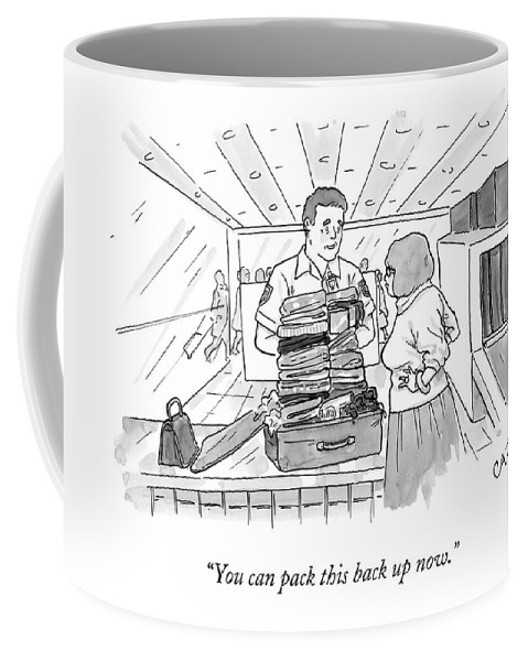 479x600 A Woman Stands Irritated Before Her Open Suitcase Coffee Mug - Open Suitcase Drawing