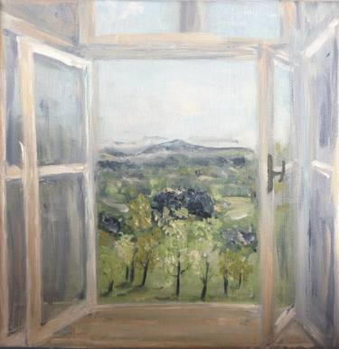 375x386 Through The Open Window Painting - Open Window Drawing