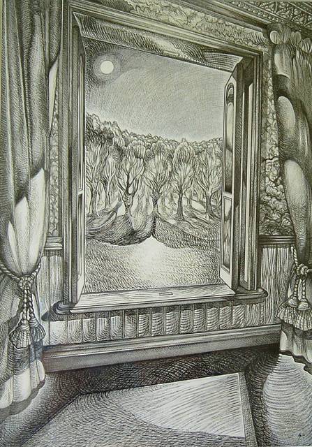 447x640 Austen Pinkerton Artwork Moonlight Through Open Window Original - Open Window Drawing