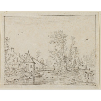 355x355 view of a farm alongside a canal, opposite a clump of trees - Opposite Drawing