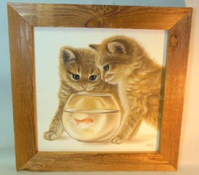 400x352 vtg large chalk pastel drawing orange tabby cats kittens goldfish - Orange Tabby Cat Drawing