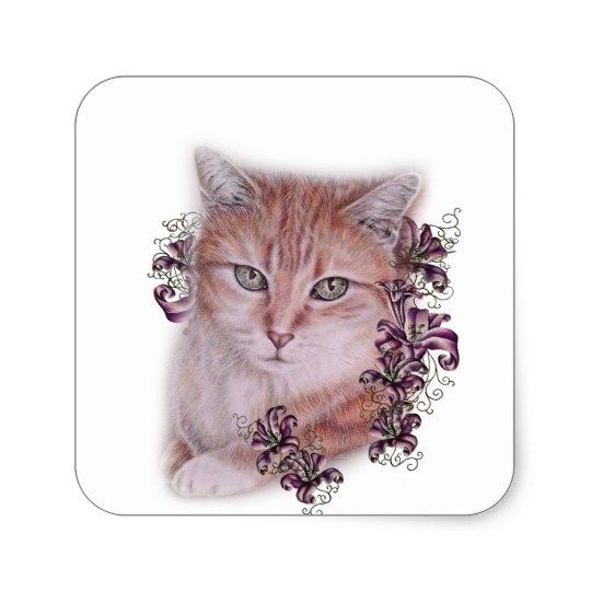 540x540 Drawing Of Orange Tabby Cat And Lilies Flowers Square Sticker - Orange Tabby Cat Drawing
