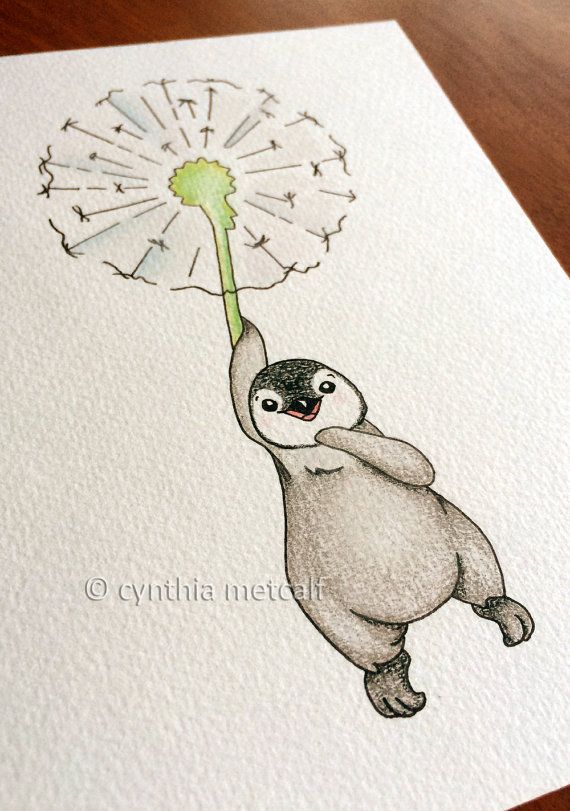 570x811 original drawing, penguin dandelion nursery art, children's wall - Original Drawing
