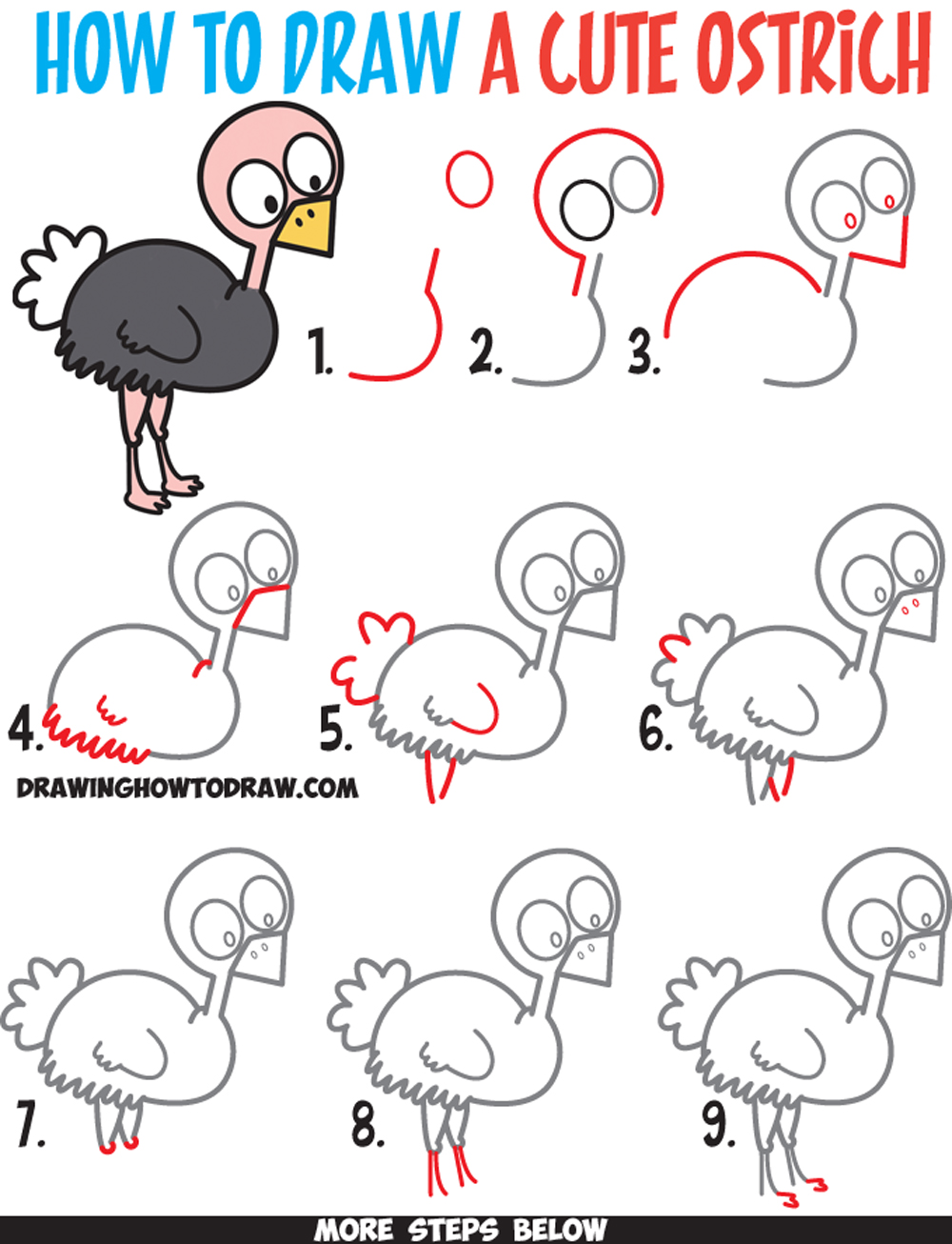 1000x1306 How To Draw A Cute Cartoon Ostrich Easy Step - Ostrich Drawing