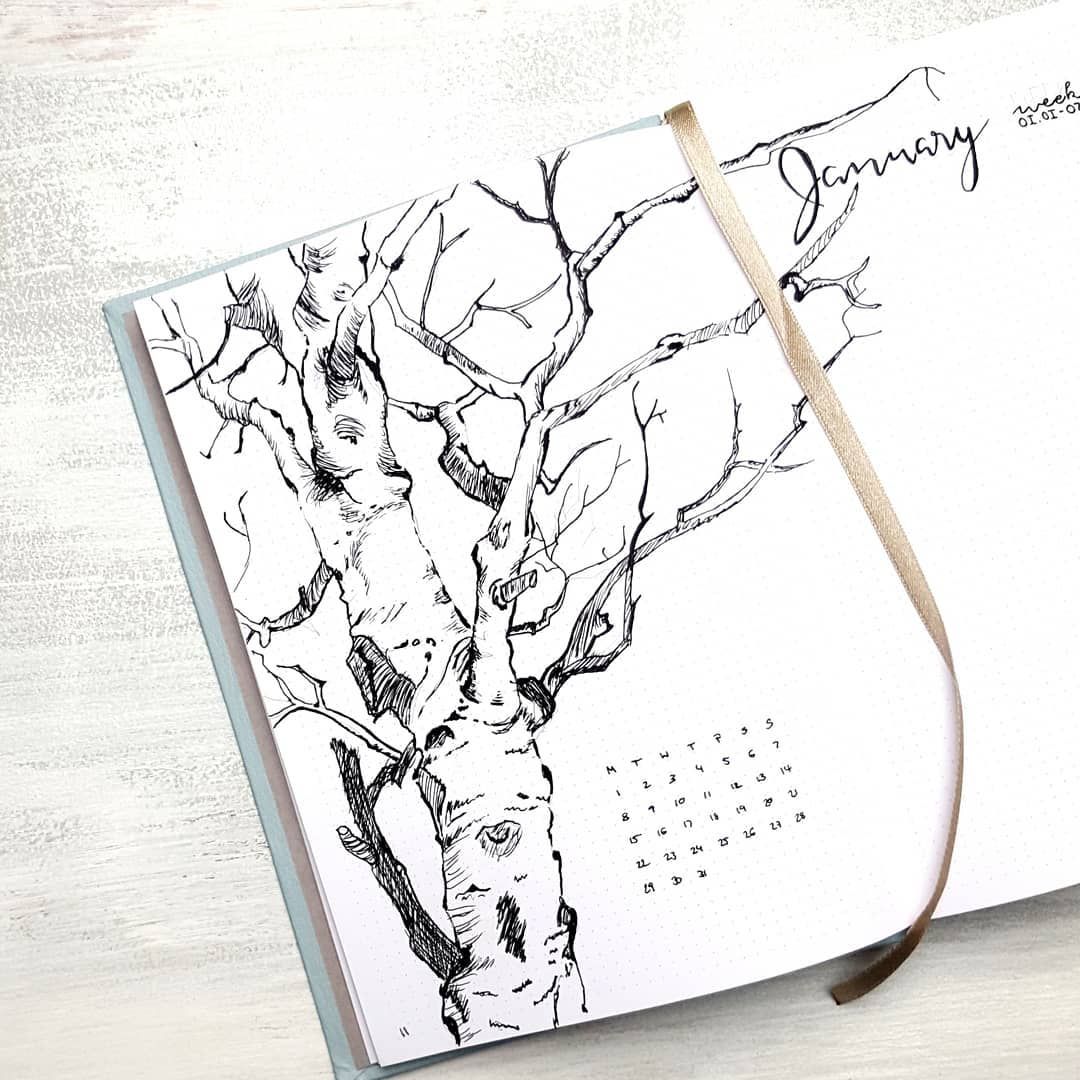 1080x1080 bullet journal monthly cover page, tree drawing, outdoor drawing - Outdoor Drawing