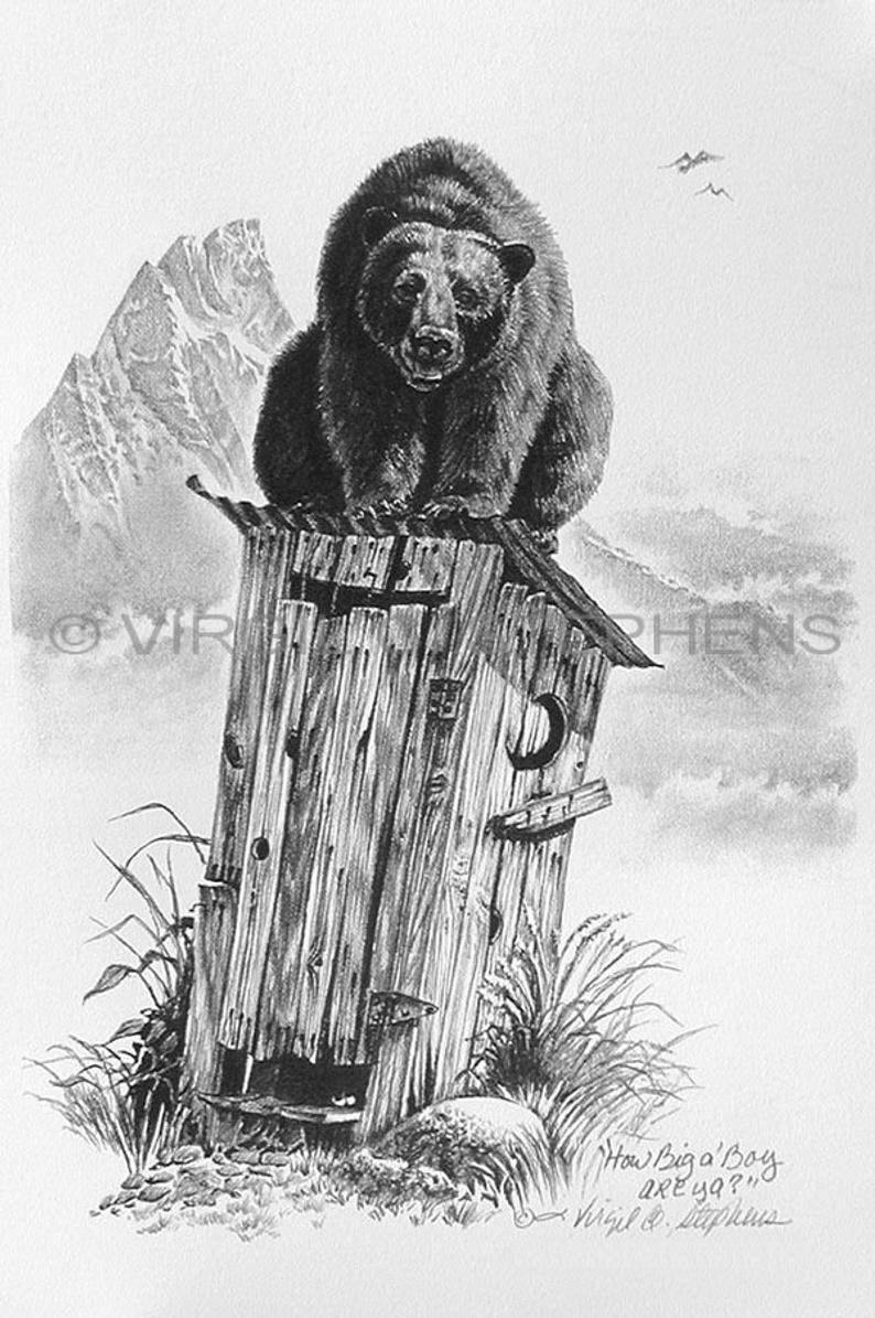 794x1195 Outhouse Art How Big A Boy Are Ya Outhouse Drawing Of A Bear Etsy - Outhouse Drawing