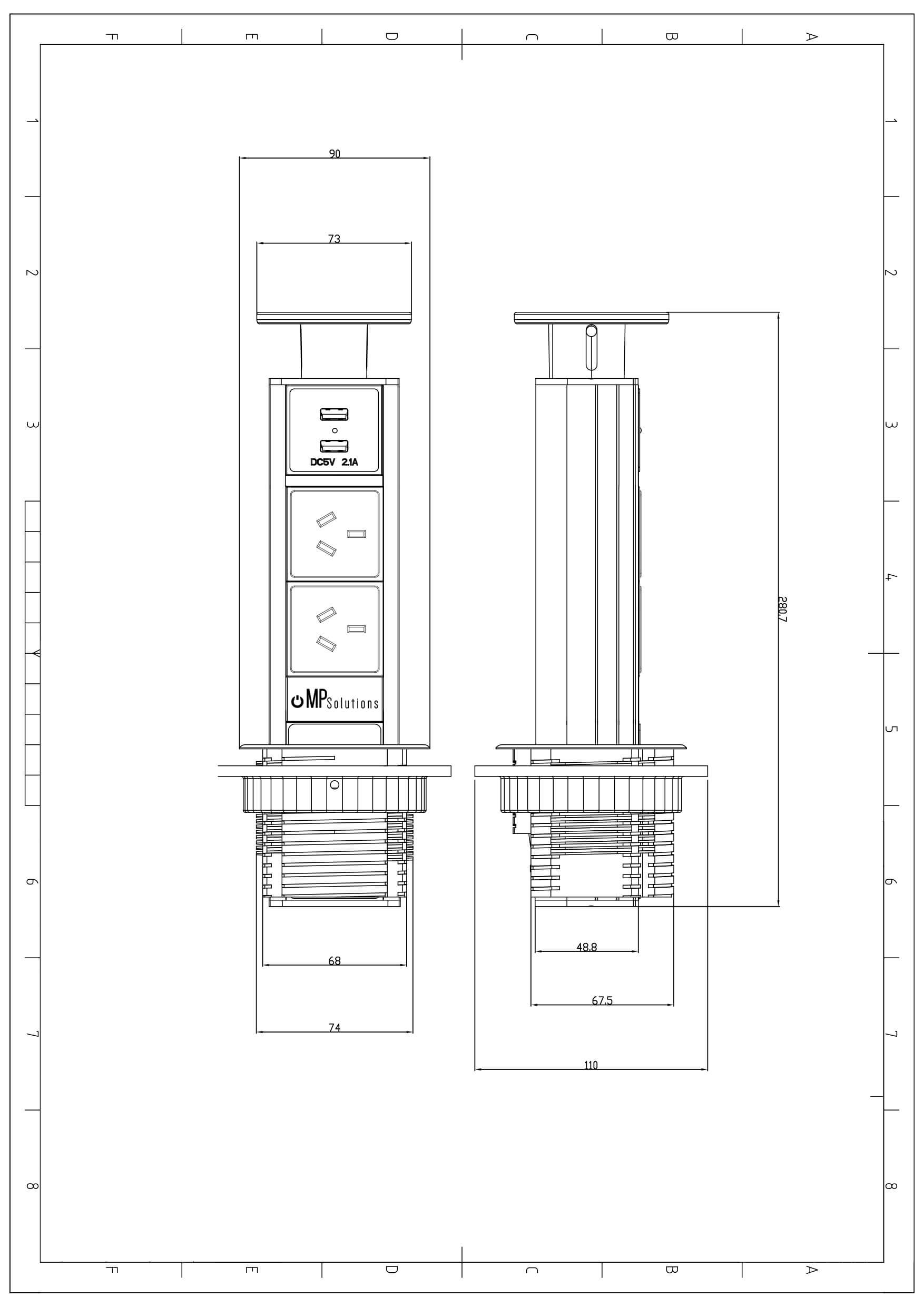 1754x2481 mirror stainless steel, white face, pop up power outlet - Outlet Drawing