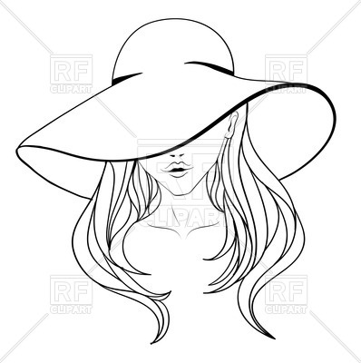 398x400 Outline Of Portrait Young Woman In Hat With Large Fields And Long - Outline Drawing Of A Woman