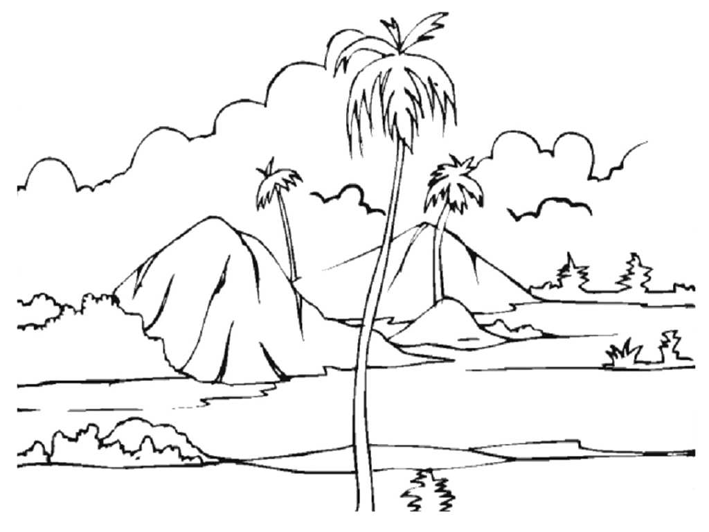 1024x768 Collection Of Free Scenery Drawing Colour Download On Ui Ex - Outline Drawing Of Scenery