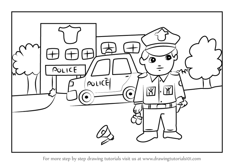 800x566 learn how to draw policeman outside police station scene - Outside Drawing