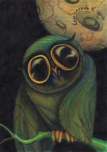212x300 Drawing, Color Pencils, Owl, Night, Black, Green, Yellow, Original - Owl Color Drawing