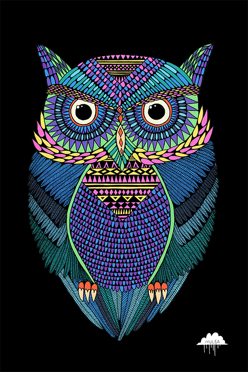 500x750 Michael The Magical Owl Black Background Print Mulga The Artist - Owl Drawing Art