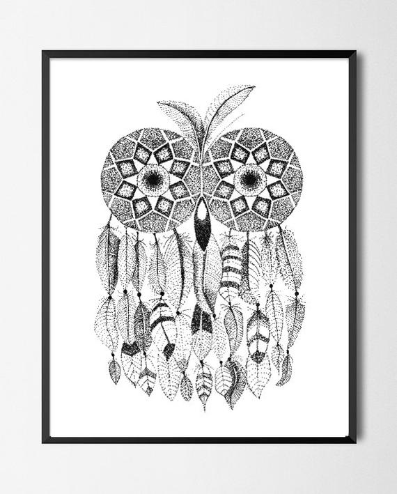 570x709 owl with feathers drawing dream catcher dreamer etsy - Owl Dream Catcher Drawing
