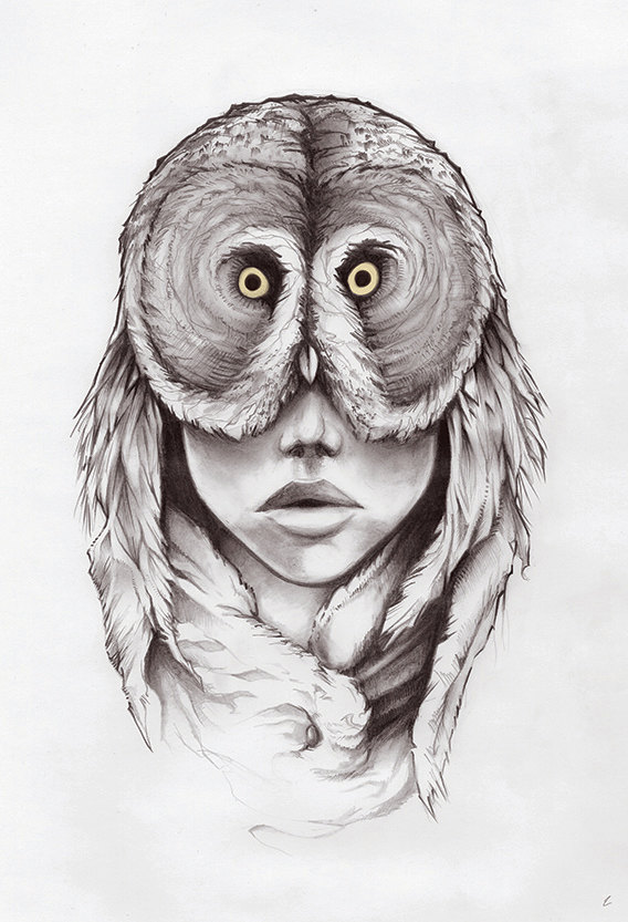 568x833 art print owl drawing female face mask feathers portrait design - Owl Face Drawing