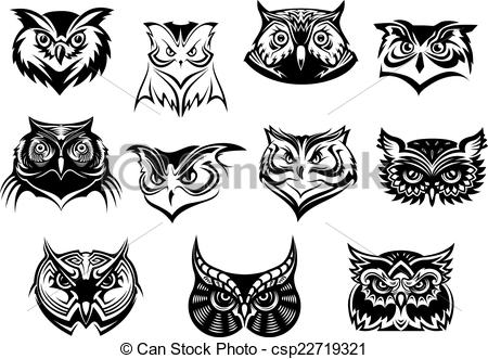 450x331 Large Set Of Black And White Owl Heads Large Set Of Black - Owl Head Drawing