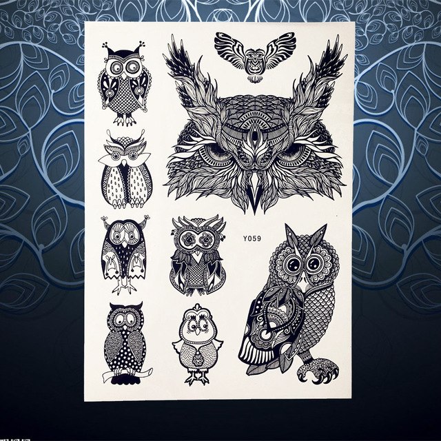 640x640 hot sale wise owl temporary tattoo stickers black henna tattoo - Owl Head Drawing
