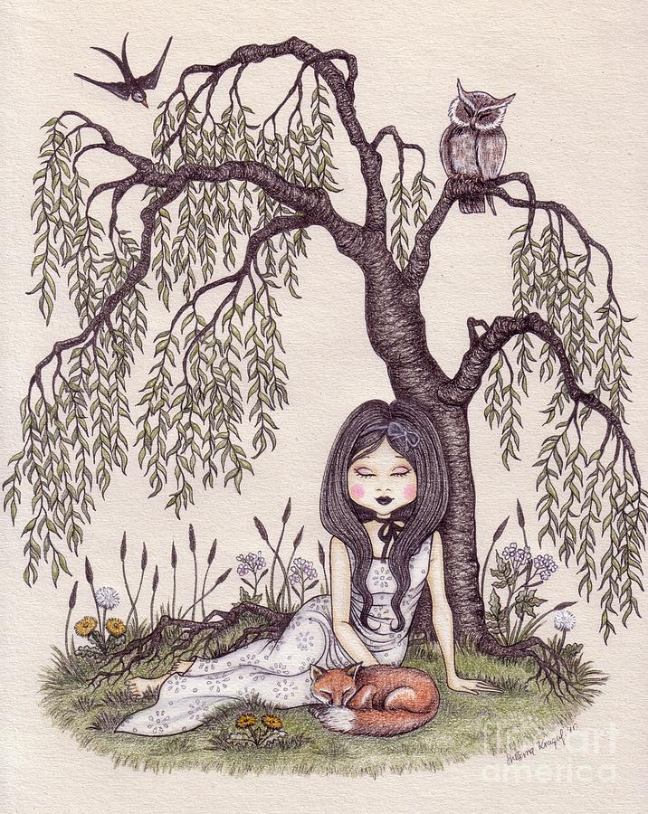 716x900 Under The Willow Tree Drawing - Owl In A Tree Drawing