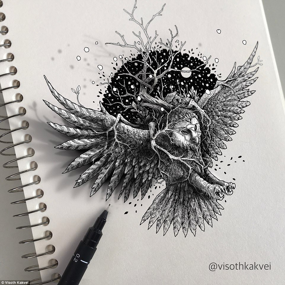 962x962 mind bending drawings that jump off - Owl In Flight Drawing