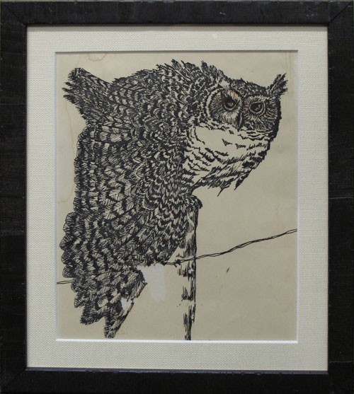 500x557 framed vintage ink drawing owl in flight - Owl In Flight Drawing