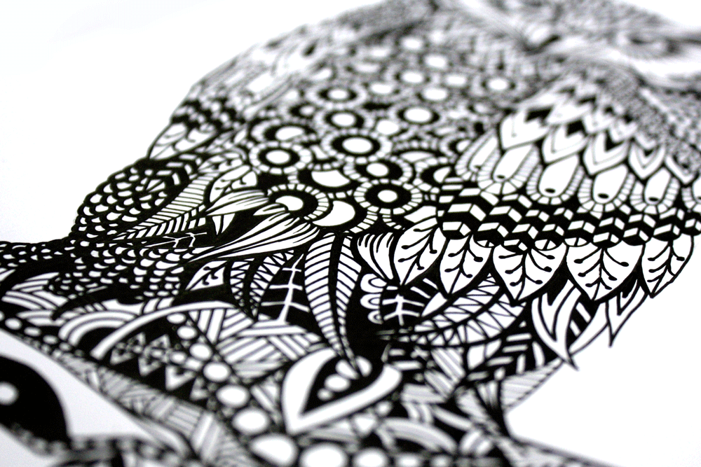 1000x667 Owl Fragmented Art - Owl Ink Drawing