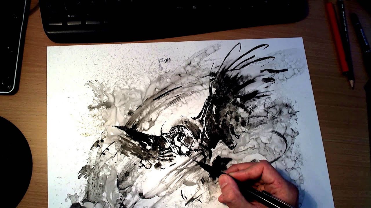 1280x720 great grey owl ink drawing - Owl Ink Drawing