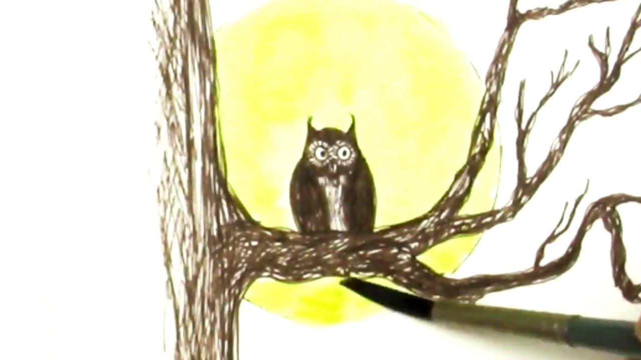 1280x720 pen and ink no pencil drawing tutorial spooky tree, owl and full - Owl On A Branch Drawing