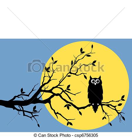 450x470 owl with moon, vector night owl on tree branch, vector background - Owl On Tree Branch Drawing