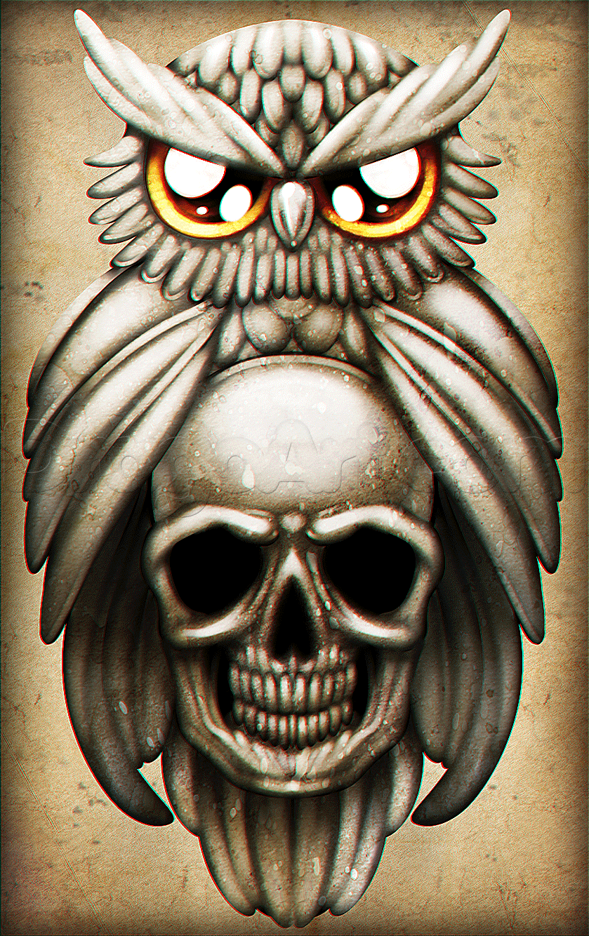 839x1334 How To Draw An Owl And Skull Tattoo, Step - Owl Skull Drawing