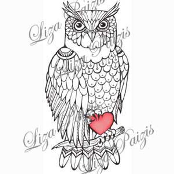 570x570 Owl Tattoo Black And White Owl Tattoo Design With Red Heart Etsy - Owl Tattoo Line Drawing