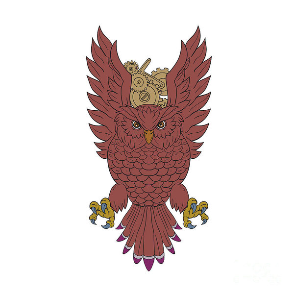 600x600 owl wings spread swooping clock gears drawing art print - Owl Wings Drawing