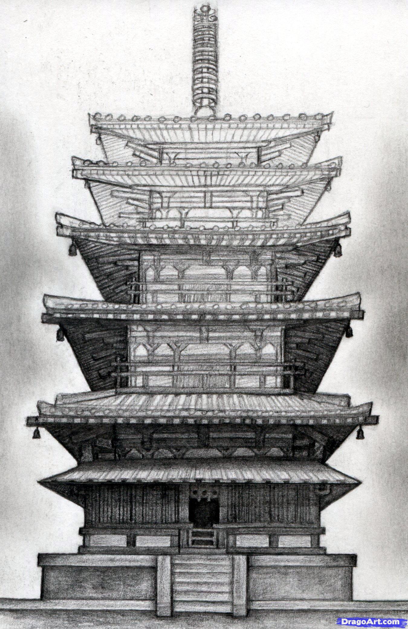 1350x2082 how to draw a pagoda, japanese pagoda, step - Pagoda Drawing