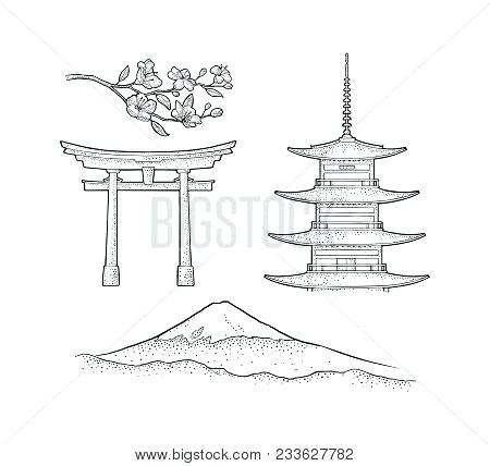 450x428 mt fuji drawing thirty six views of a mild breeze on fine day - Pagoda Drawing