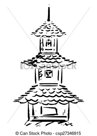 337x470 sketch, hand drawn illustration of pagoda - Pagoda Drawing
