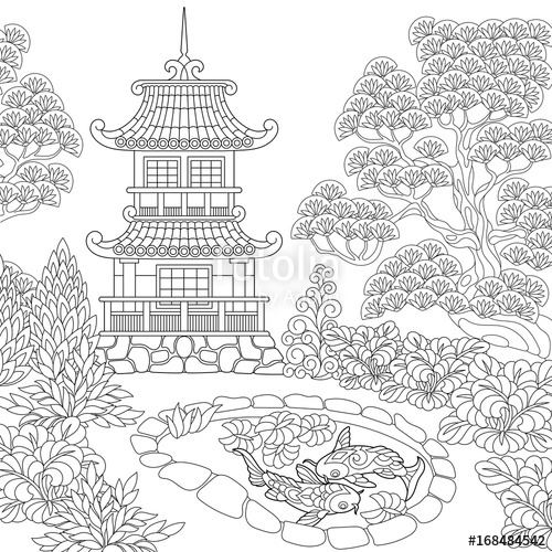 500x500 coloring - Pagoda Drawing
