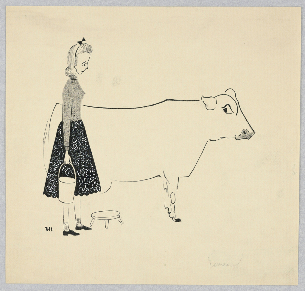 1024x979 drawing, girl with milking pail and cow, ca objects - Pail Drawing