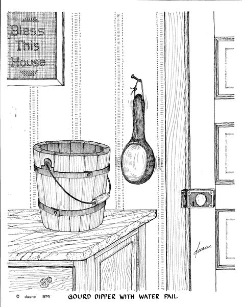 474x602 pen and ink drawing of vintage water pail and gourd dipper pen - Pail Drawing