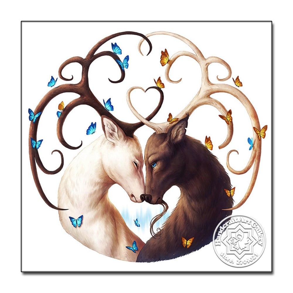 1000x1000 diy diamond painting curly deer pair drawing - Pair Drawing