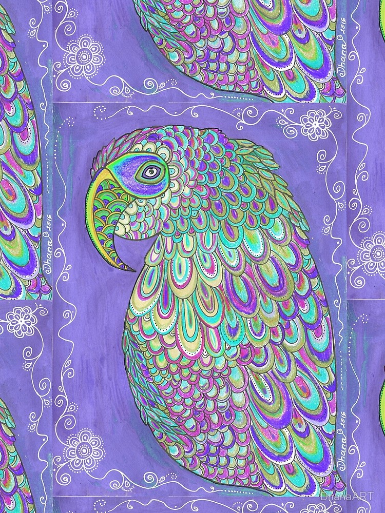 750x1000 Purple Parrot Drawing, Paisley Pattern Design, Bird Art Contrast - Paisley Design Drawing