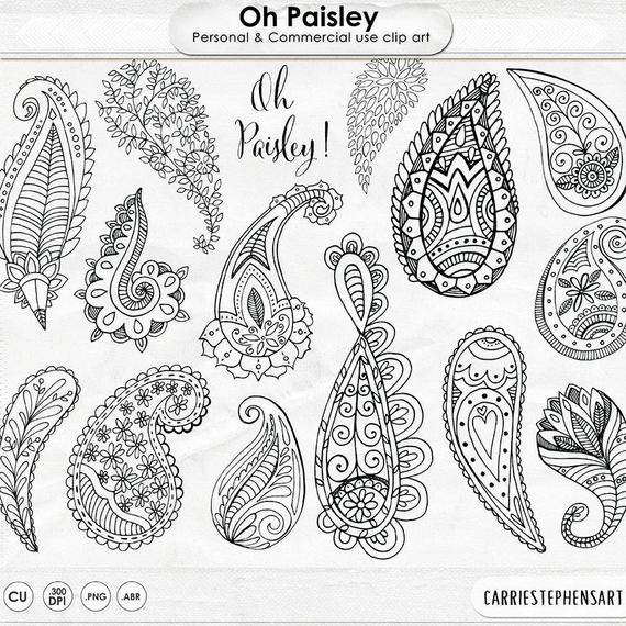 570x570 Boho Clipart Paisley Doodle Line Art Digital Stamps Clipart Etsy - Paisley Line Drawing