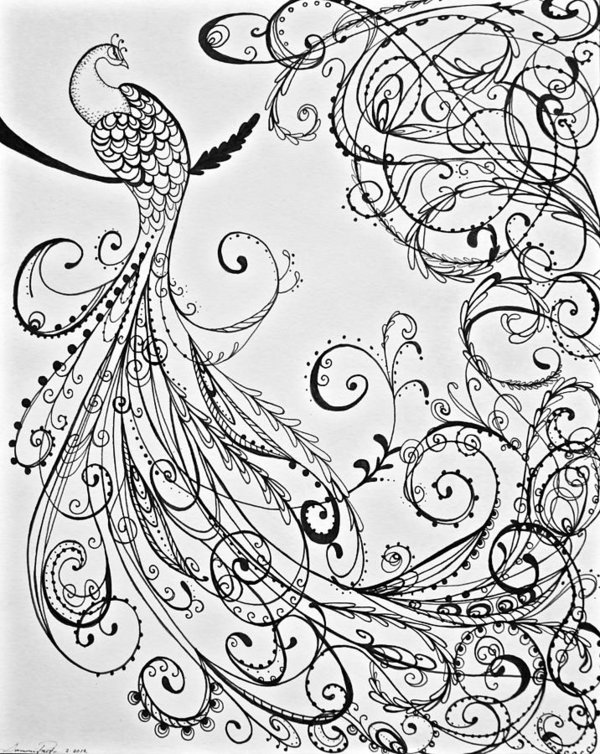 600x754 Paisley Peacock Art Print - Paisley Line Drawing