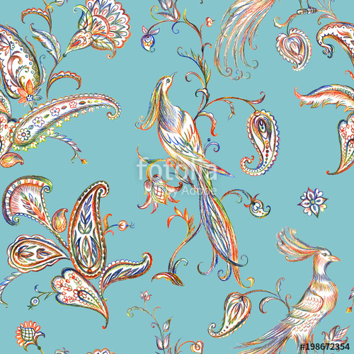 500x500 seamless pattern with fabulous birds and paisley oriental - Paisley Pattern Drawing