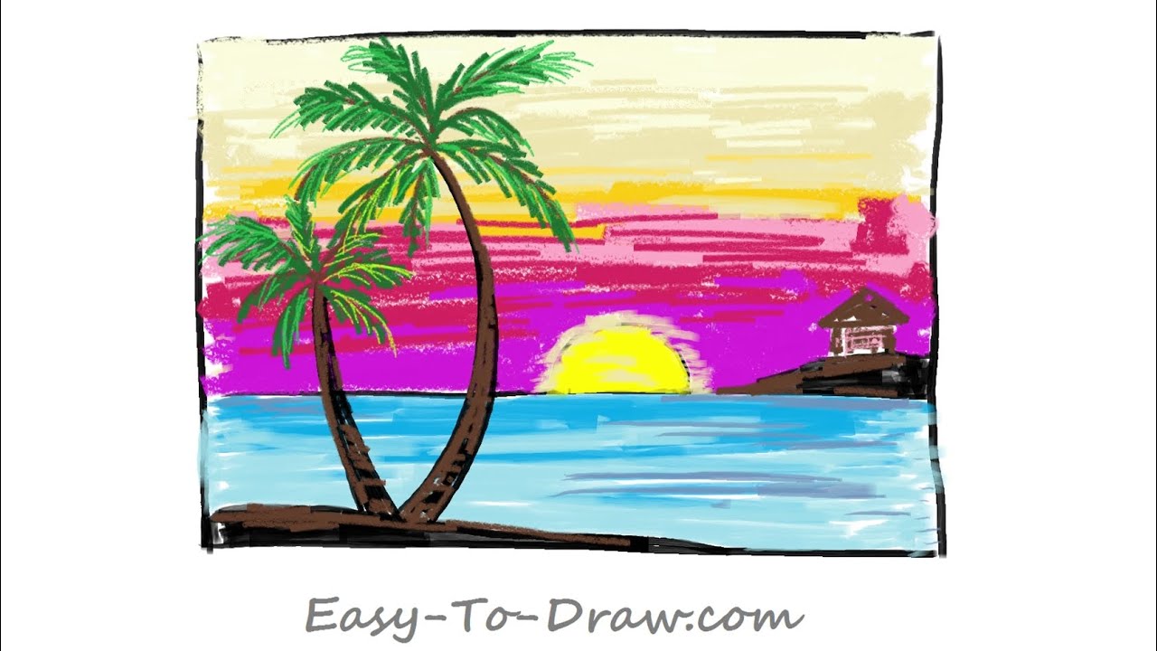 1280x720 How To Draw A Cartoon Seaside Sunset With Coconut Trees Step - Palm Tree Beach Drawing