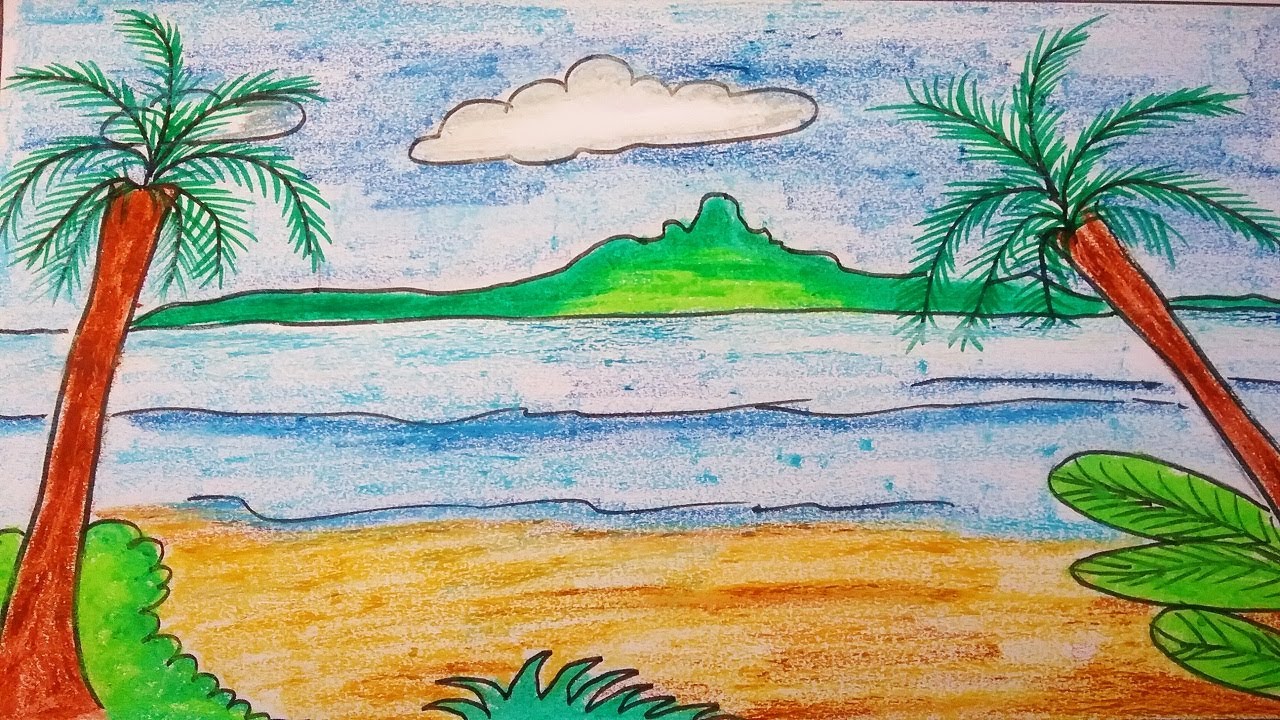 1280x720 how to draw a landscape scenery of a beach easy palm trees - Palm Tree Beach Drawing