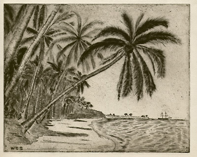 400x319 Landscape Art, Tropical Palm Tree Beach, Vintage Print, C - Palm Tree Beach Drawing