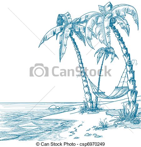 450x470 Tropical Beach With Palm Trees And Hammock - Palm Tree Beach Drawing