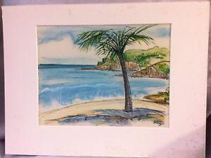 300x225 Vintage Condie Lamb Pastel Chalk Drawing Sketch St Lucia Palm Tree - Palm Tree Beach Drawing