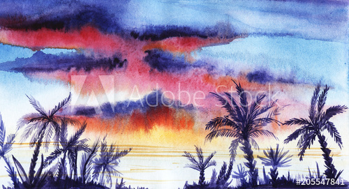 500x271 Tropical Landscape With Purple Silhouettes Of Palm Trees - Palm Tree Sunset Drawing