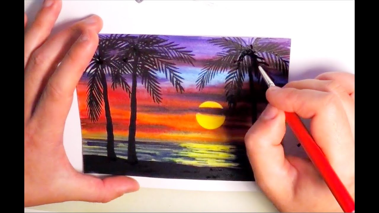 1280x720 Watercolor Painting Sunset With Palm Trees - Palm Tree Sunset Drawing